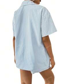 2pcs/Set Women Casual Striped Button Shirt And Shorts Set