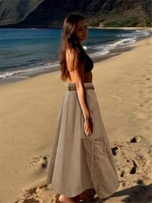 Women Casual Boho Drawstring Side Pocket Loose Bohemian Long Skirt, Vacation Outfits - 卡其色 - 查看 4