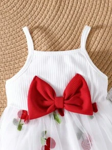 2pcs Baby Girls Summer Outfit Set: Ruffle Cap Sleeve Shirt And Sleeveless Strawberry Print Butterfly Tulle Skirt,Casual & Cute For Outdoor
