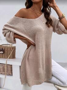 Oversize einfarbiger Rundhals Lässig Loose Split Saum Strickpullover
