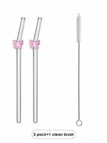 6er Pack wiederverwendbare Glas-Trinkhalme mit Schleifen-Charm - bruchsichere gebogene Trinkhalme Set + Reinigungsbürste - elegante Trinkhalme für Cocktails, Smoothies & kalte Getränke (20cm)