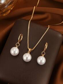 3 件套人造珍珠耳环和项链首饰套装，送给女性的礼物，适合度假、约会、情人节、日常佩戴 - 金黃色 - 查看 3