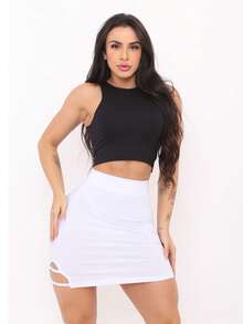 SAIA SUPLEX CURTA COM FENDA Roupa Feminina Tecido Leve Cintura Sexy - Branco - Visão 1