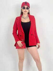 Conjunto de 2 piezas blazer con botones y mono corto ajustado - Rojo - Ver 3