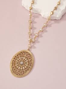 1pc Boho Zinc Alloy Rhinestone & Bead Decor Hollow Out Oval Charm Necklace For Women For Daily Decoration