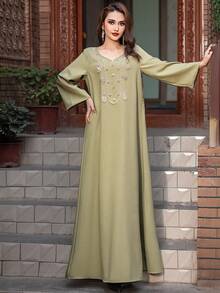 فستان طويل فضفاض بياقة على شكل حرف V مزين بالراين جديد 5214، متوافق مع المتطلبات الشرقية المحتشمة