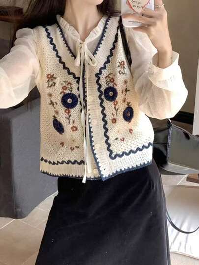 女士时尚法式花卉刺绣针织背心开衫，V领，镂空设计