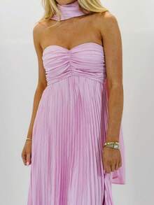 Womens Y2k Tube Strapless Pleated Maxi Dress With Scarf Maternity Silk Satin Formal Cocktail Ruffle Flowy Dresses - Pink - View 2
