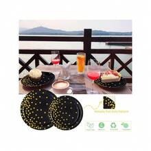 Round Disposable Paper Plates For All Occasions - 100 Pack - 50 X 9" And 50 X 7" Dinner Plates, Golden Foil Polka Dots , White And Gold Party Supplies - black gold 2 - View 2