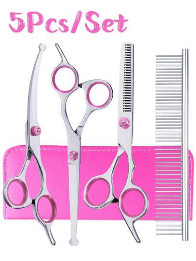 圆头狗狗美容剪刀，5 合 1 狗狗美容剪刀套装，4CR 不锈钢专业宠物美容剪，适用于狗、猫，锋利且坚固