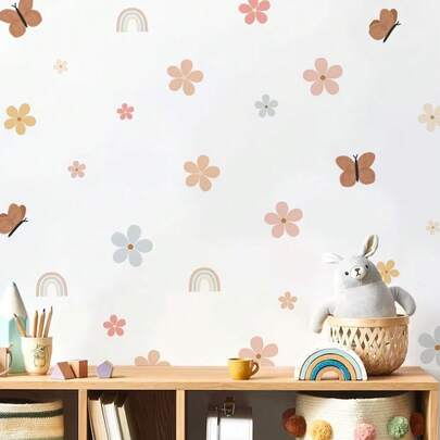 1 Stück Wandaufkleber im Boho-Stil mit Aquarellblumen, Regenbogen und Schmetterlingen, geeignet für Zimmer, Wohnzimmer Dekoration, Tapete, Heimdekoration