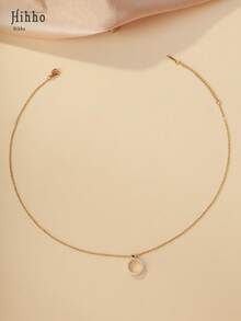 Hihho 1 件闪亮锆石镶嵌圆形吊坠项链，字母 O 形，优雅珠宝礼物，适合女性约会 - 金黃色 - 查看 3