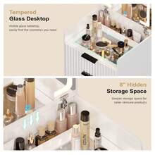 HNEBC Compact Vanity Desk With Plip Top LED Mirror,Small Dressing Table Set With Visible Glass Desktop,Vanity Table With 3 Drawers,Storage Compartment And Padded Stool,For Bedroom - White - View 9