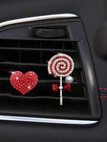 2pcs/Set Rhinestone Heart & Lollipop Shaped Car Air Vent Decoration Clips, No Fragrance - one-size - View 3