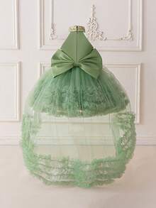 女婴亮片网纱露背蝴蝶结可爱一周岁生日拖尾礼服，适合派对、花童、婚礼等场合，不含头饰 - 綠色 - 查看 3