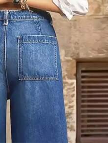 25 AW 秋季女装弹力中腰阔腿牛仔裤，采用复古水洗、磨损下摆和斜口袋设计，短款长度。 - 中等水洗藍 - 查看 4