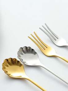 2pcs Stainless Steel Heart & Shell Shaped Dessert Spoon & Fork Set, Couple Heart Coffee Spoon, Valentine's Day Gift - Multicolor - View 5