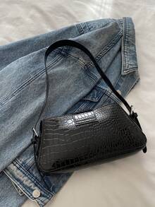Versatile Luxury Crocodile Embossed Women's Shoulder Bag With Metallic Accent - Black - View 8