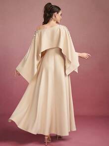 Vestido largo de unicolor con capa para mujer, vestido de gala elegante con hombros descubiertos y decoración de rhinestones, para eventos formales, fiestas, bodas, primavera y vacaciones - Albaricoque - Ver 2