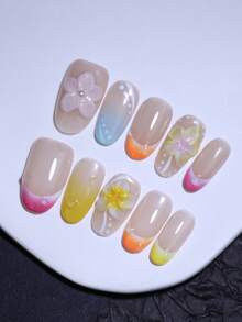 Colorful 3D Hand Carved Flowers Nail Decoration 100% Handmade Press On Nails French Style Manual Nails 10pcs Oval Short Fake Nail Tips Reusable DIY Nail Art Design Nail Products For Spring And Summer - Multicolor - View 1
