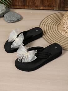 Sandalias de mujer de moda de verano con suela gruesa y decoración de moño hecho a mano, adecuado para viajes y playa, tallas grandes disponibles, sandalias casuales de suela gruesa negras, pantuflas de playa y ocio doméstico, pantuflas de damas europeas y americanas