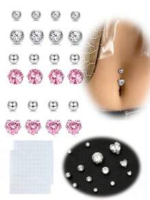 Piercing de ombligo falso estilo Y2K para pegar, joyas de piercing de ombligo falso con corazones de CZ de acero inoxidable en color rosa, plata y oro, aretes falsos con corazones rosa, joyas de piercing de ombligo falso para pegar sin perforación