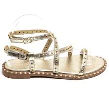 Gladiator Style Flat Sandals With Rivets, Criss-Cross Straps And Adjustable Buckle - Gold - View 2