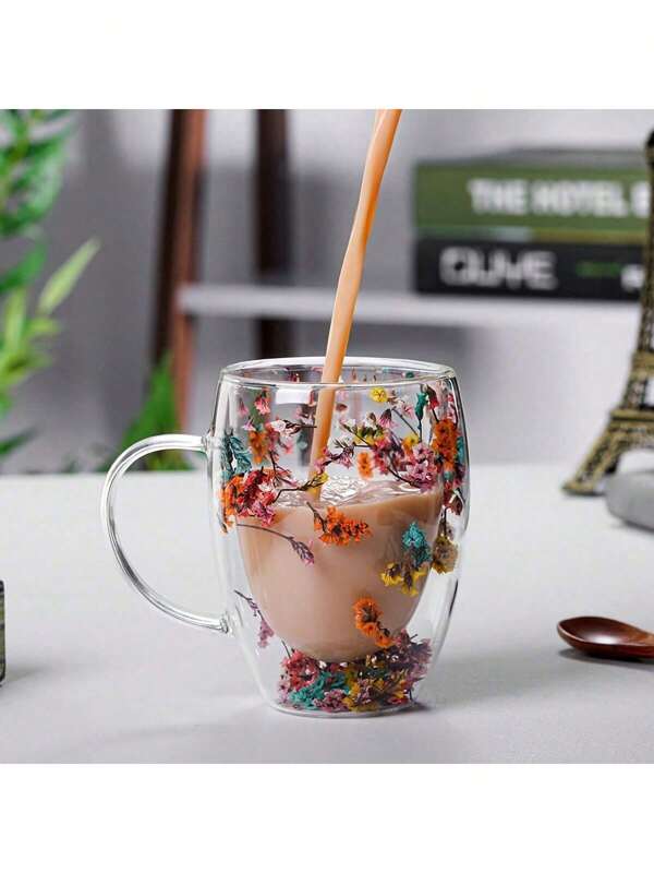 1PC 250ML/350ml Dry Flower Double-Layer Glass Cup Household Coffee Cup With Handle Heat Resistant High Borosilicate Coffee Cup TeaCup Artistic Glass Espresso Cup, 350ml Double Wall Insulated Glass Coffee Mugs, Anti-Scald Thick Expresso Coffee Cups