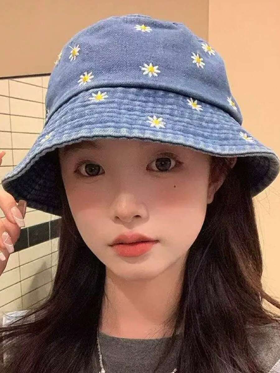 1件裝 夏季女款刺繡雛菊遮陽帽 寬帽簷時尚水桶帽 適合戶外旅行、購物、海灘及日常穿搭 - 彩色 - 查看 1