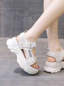 Women's Summer Wedge Thick-Sole Sport Sandals, Hook And Loop Strap Letter Pattern Casual Student Flat Sandals