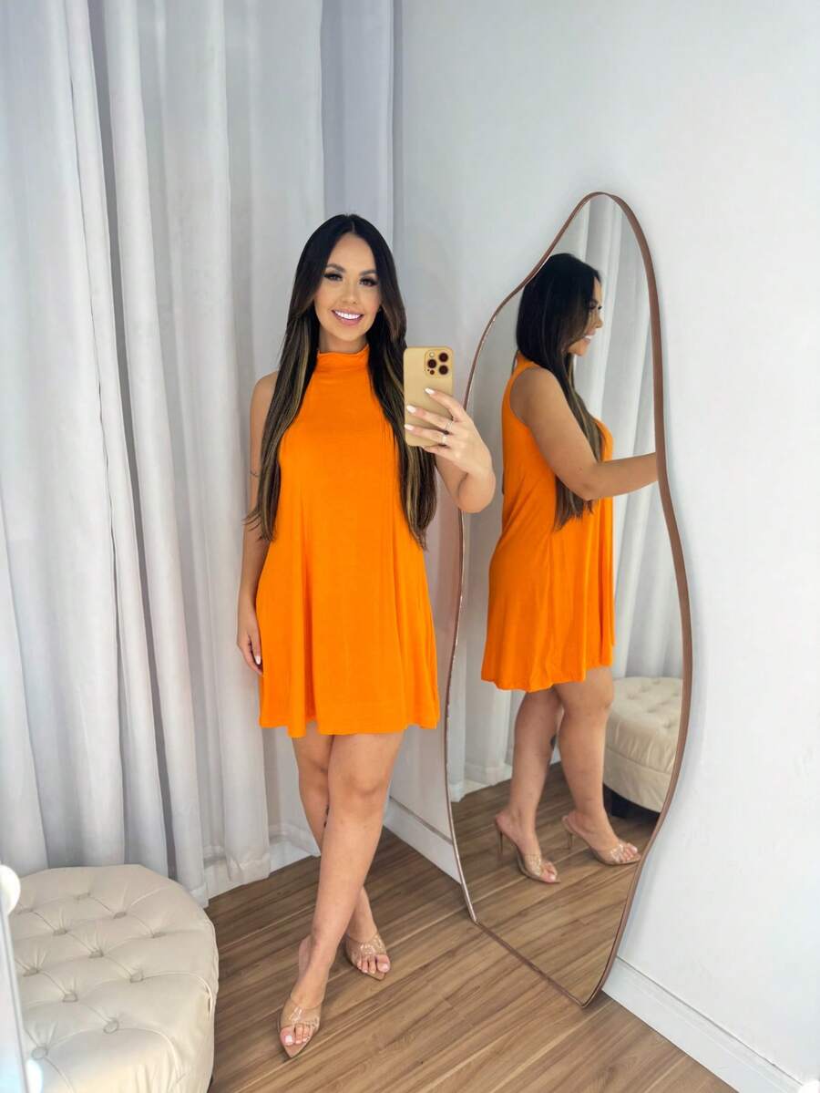 HIGH NECK LOOSE TANK TOP DRESS EVERYDAY FASHION ELEGANT - Orange - View 1