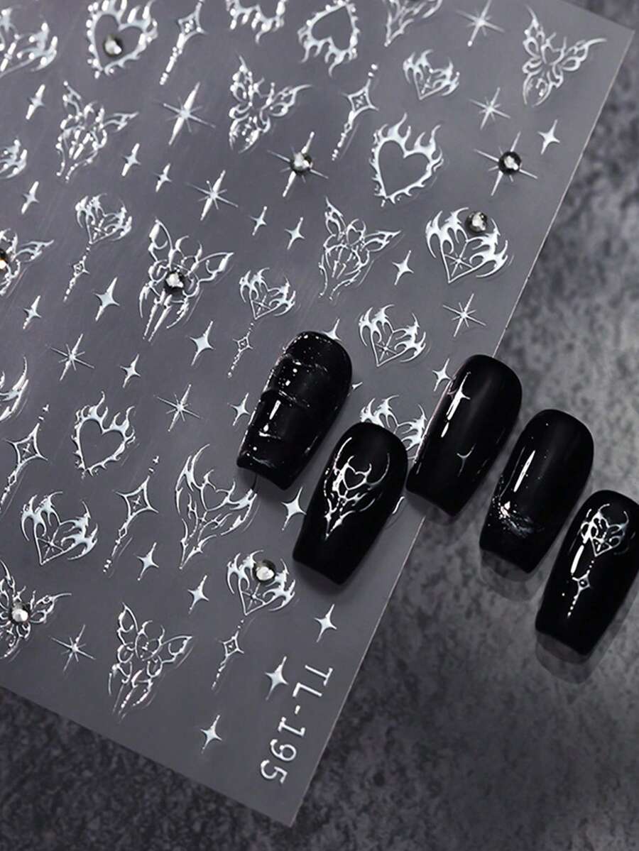 Beautizon Nailartlab 1件银色心形、星星、蝴蝶美甲装饰贴纸，钻石宝石饰品；2件自粘贴纸美甲工具套装，DIY朋克风3D美甲装饰贴纸及美甲工具美甲用品 - 彩色 - 查看 1