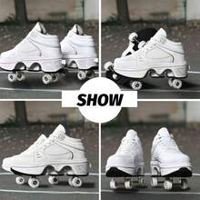 Transformable Flashing Roller Skates For Woman Retractable Wheels Y2K Outdoor Party All Seasons Double-Row Deform Wheel Automatic Walking Shoes, White - 白色 - 查看 5