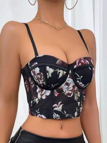 1pc Elegant Sexy French Sheer Floral Fishbone Pattern Fitted Bustier Cami With Padding, Summer