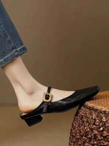 Classic Retro Style Button PU Leather Flat Shoes, Suitable For Beach, Wedding, Party, Office, Home Wear, Spring/Summer