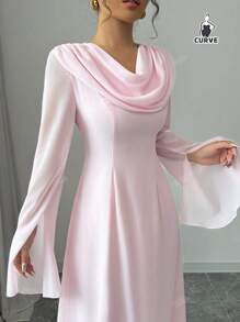 QIANZHIDU فستان سيدات بلس سايز من نوع تيللي، بلون واحد ذات ياقة متدلية وأكمام جرسية، فستان أنيق، فستان حفلة سيدات، فستان سهرة فاخر للنساء