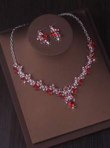 Premium Quality Women's Stylish Water Drop Pendant Necklace & Earrings Jewelry Set, Available In Purple, Navy Blue, Red, Suitable For Stage Performance, Formal Dress