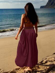 Women's Casual Boho Drawstring Big Pockets Bohemian Loose Skirt, Vacation Outfits