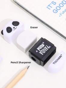 1/24pcs Panda Mood Eraser With Pencil Sharpener Rubber, 2 In 1 Cleaning Tools For Student Back To School - Black and White - View 3