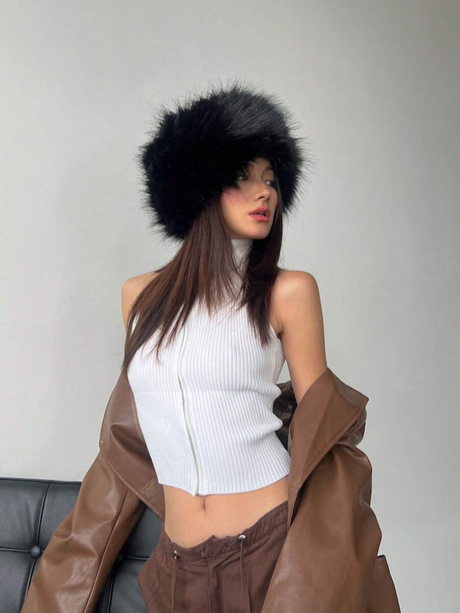 1pc Women's Soft Fluffy Warm Knitted Hat, White, Suitable For Autumn/Winter Decoration,Holiday,Festival - Black - View 1
