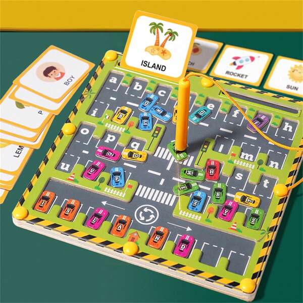 Juguete de aprendizaje de laberinto magnético de alfabeto de madera, juego de aparcamiento colorido de Pinyin, actividad de conteo y clasificación para niños, desarrollo de habilidades motoras finas, ideal para regalos de cumpleaños, Halloween, Navidad