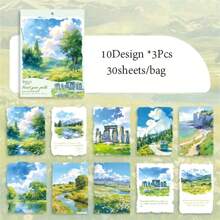 30 Sheets/Pack Self-Adhesive White Matte Finish Rectangular Disposable Office And Study Supplies, Travel Theme Paper