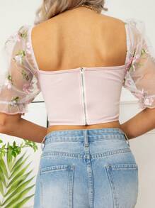 1pc Summer Cropped Sweet & Sexy Ditsy Floral Embroidered Sheer Bustier Top With Zipper, Fitted Puff Sleeve Blouse For Women