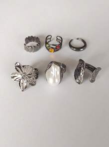 6pcs/Set Baroque Inspired Faux Pearl Flower Ring Set, Vintage Retro Bold Adjustable Cocktail Rings For Women
