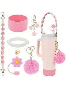 7 Peças Conjunto Branco Compatível com Cup 30 Oz 40 Oz, Incluindo 1 Peça Alça para Garrafa de Água, 1 Peça Tampa de Palha de Silicone, 1 Peça Capa de Silicone para Copo e 2 Peças de Acessórios com Pingentes, Suprimentos para Volta às Aulas