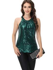 Women's Sparkly Sequin Halter Tank Tops Sleeveless Shirt Club Outfits - 墨綠色 - 查看 4