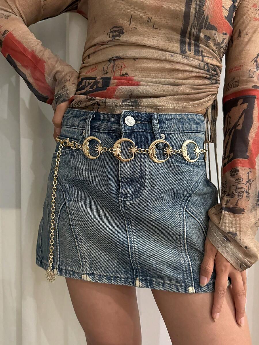 1pc 140cm Gold Moon Big Size Chain Decorative Waist Belt Suitable For Dresses, Jeans, Casual, Party Occasion For Women - Gold - View 1