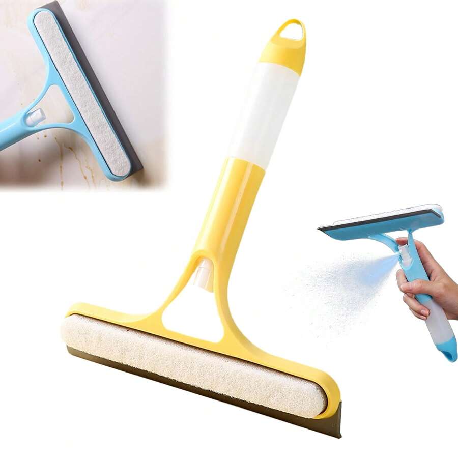 玻璃门淋浴刮水器，2025 新款淋浴玻璃多用途刮水器，三合一喷雾功能，刮擦和超细纤维窗户清洁器，多用途窗户清洁工具（黄色）