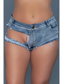 Women's Low Rise Ripped Denim Shorts With Extreme Cut-Out And Frayed Hem - 藍色 - 查看 1