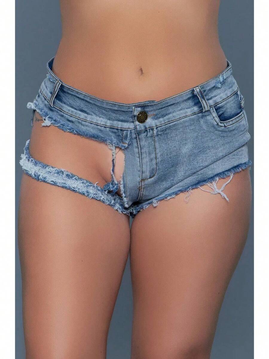 Women's Low Rise Ripped Denim Shorts With Extreme Cut-Out And Frayed Hem - 藍色 - 查看 1